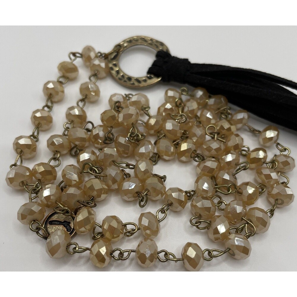 Vintage Faceted Glass Parade Chain Champagne With Leather Tassel 32” BOHO Signed